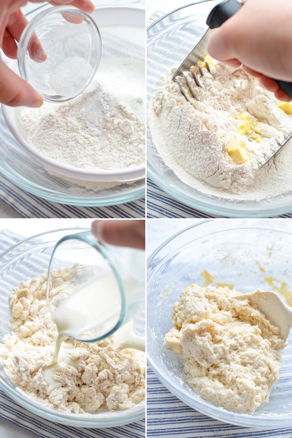 Cutting butter into a flour mixture and adding milk to make a biscuit dough.