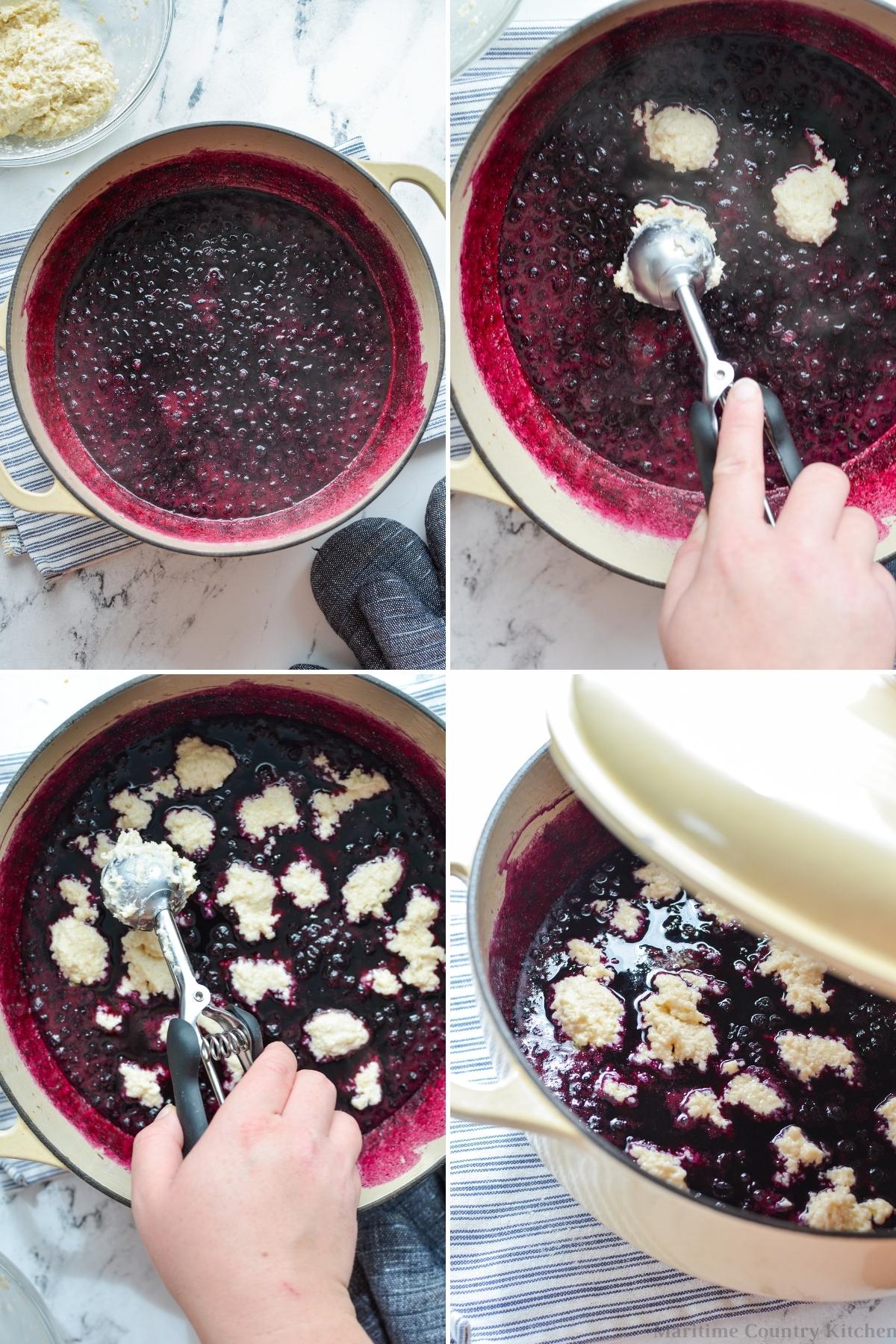 Adding biscuit dough on top of simmering blueberries.