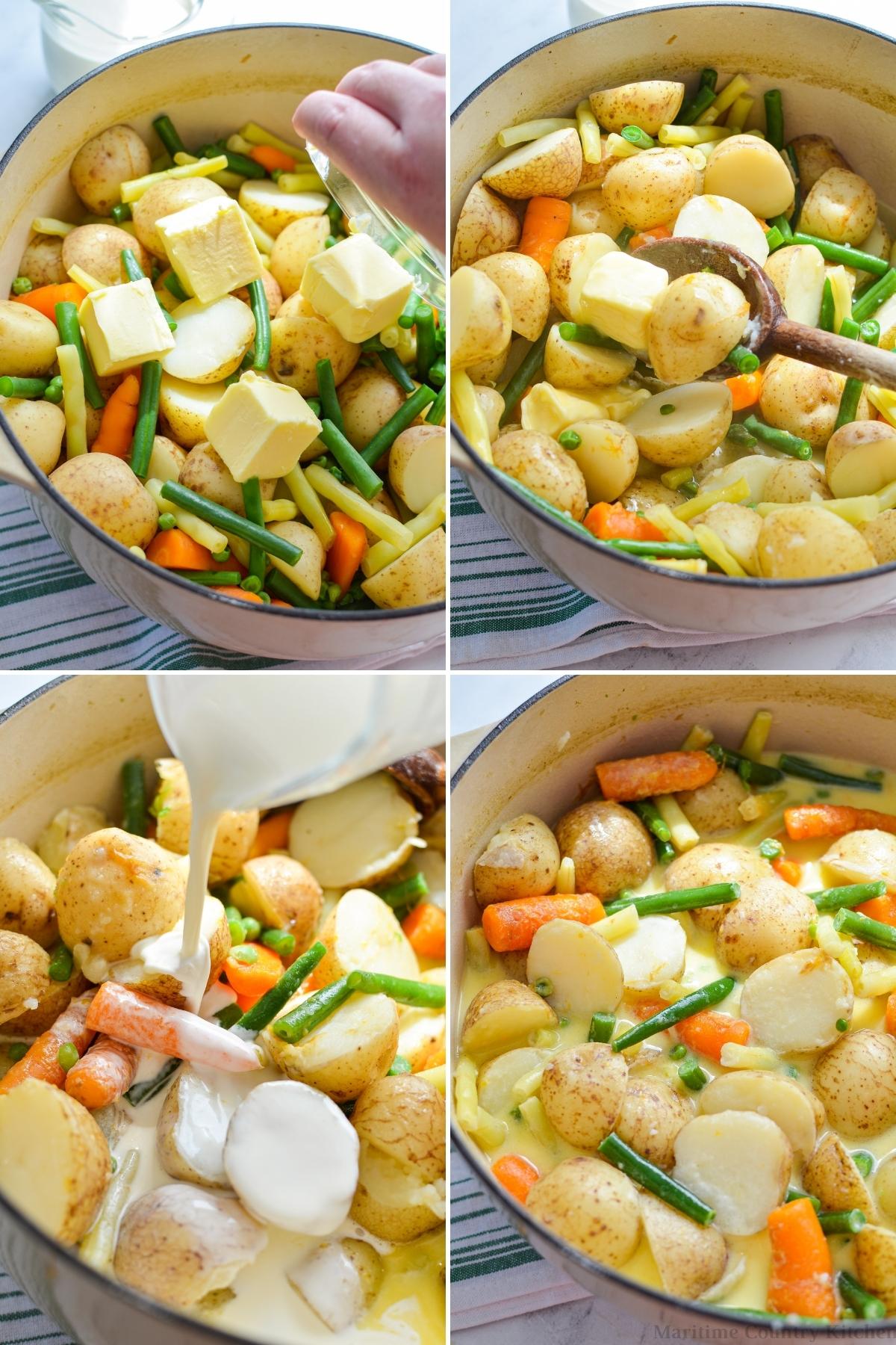 Adding butter and cream to a large pot of cooked vegetables.