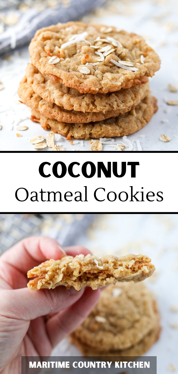 A stack of oatmeal cookies garnished with coconut and oats,