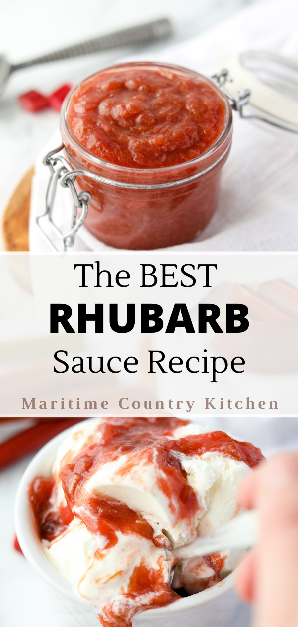 A small jar filled with rhubarb sauce.