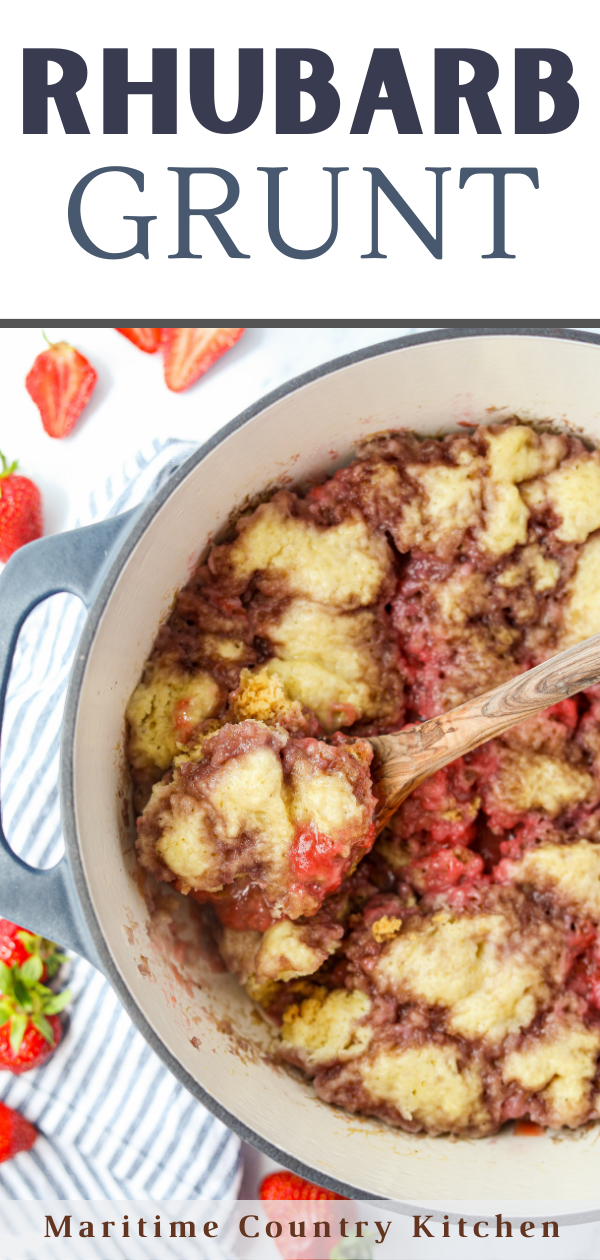 A Dutch Oven filled with a rhubarb grunt, topped with a fluffy dumpling topping.