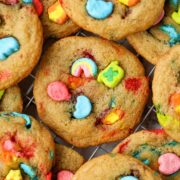 Lucky Charms cookies stacked together.