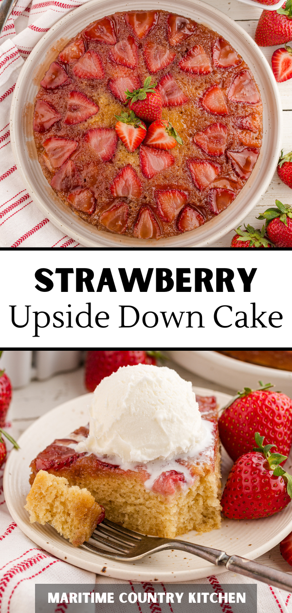 A slice of vanilla cake topped with a strawberry layer and finished with a scoop of vanilla ice cream.